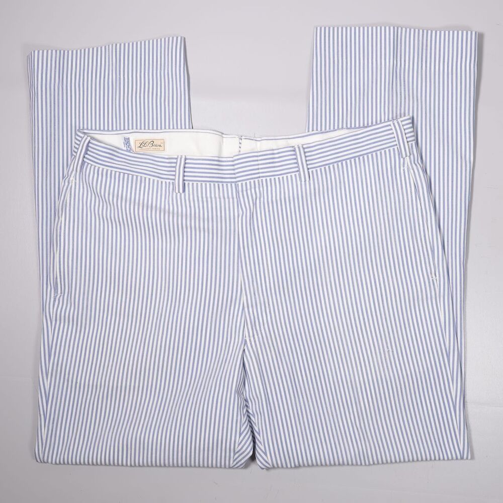 VTG LL Bean Pants Men 38x31 Blue Seersucker Stripe Chino Straight Trouser 80's
